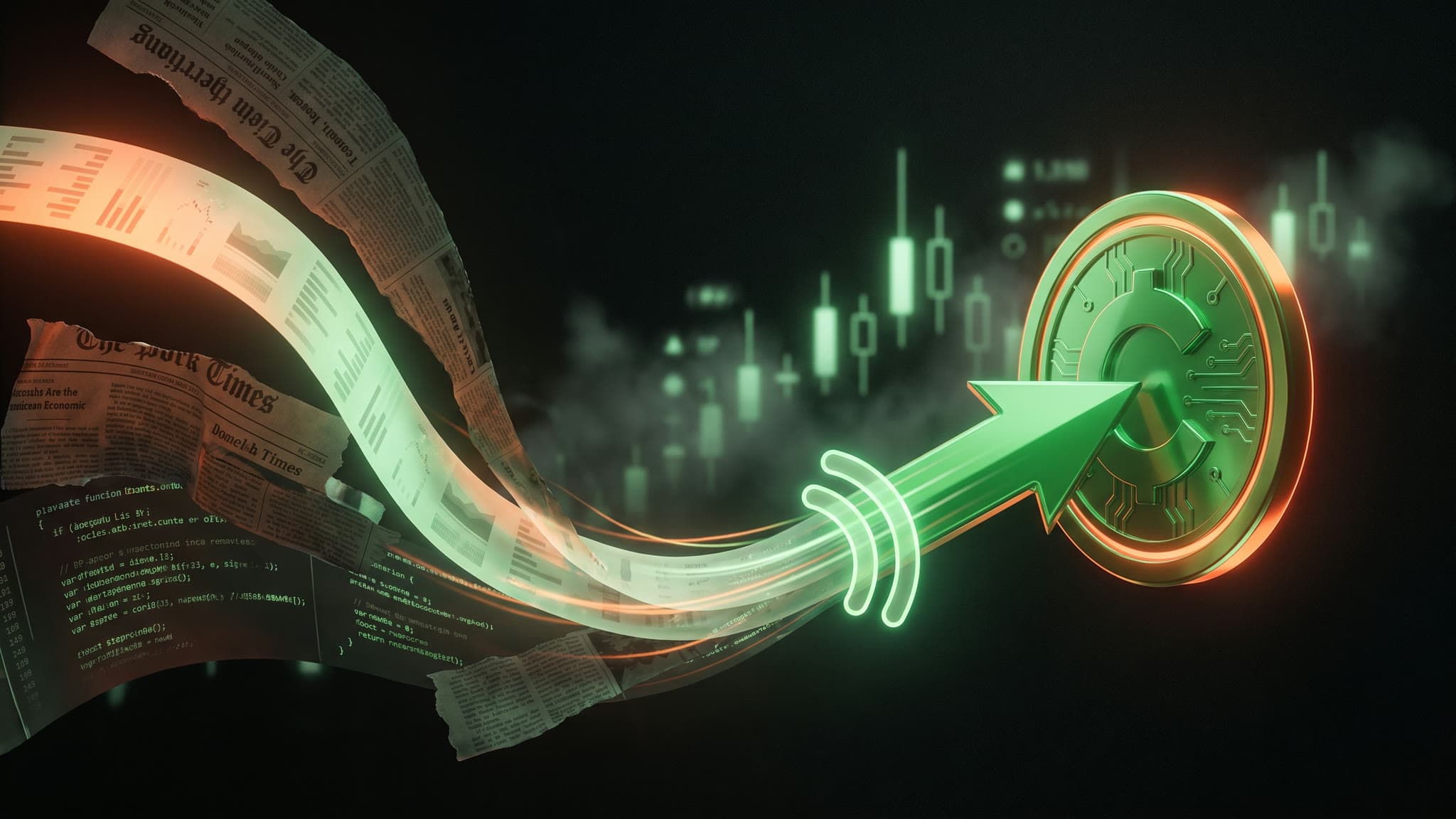 A folded newspaper on the left, a thin green line running to a single coin on the right: a headline becomes a coin.